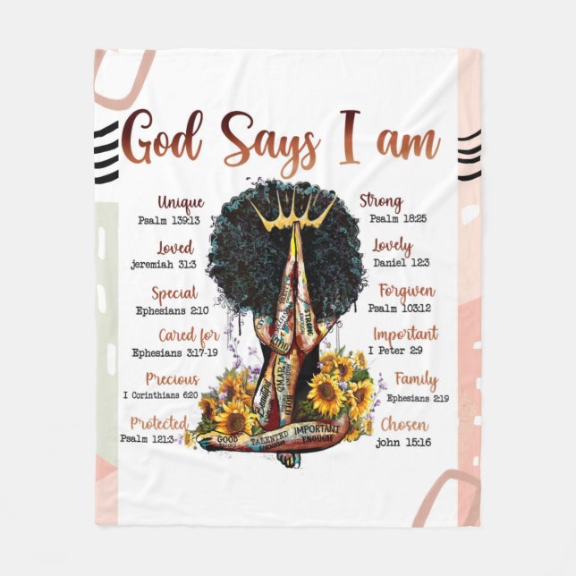 God Says I AM Black Christian Women Melanin Sista Fleece Blanket (Front)