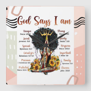 God Says I AM Black Christian Women Melanin Sista Square Wall Clock