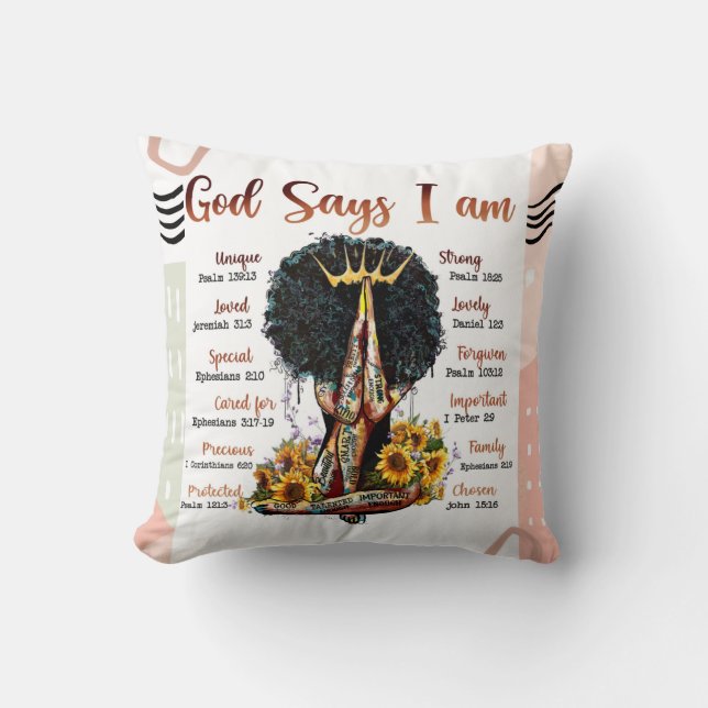 God Says I AM Black Christian Women Sista Melanin Cushion (Front)