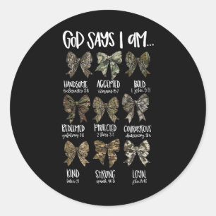 God Says I Am Christian Jesus Camo Coquette Bow Du Classic Round Sticker