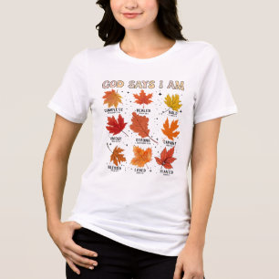 God says I am fall autumn harvest falling leaf Hal Tri-Blend Shirt
