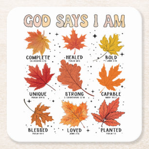 God says I am fall autumn harvest Thanksgiving fun Square Paper Coaster