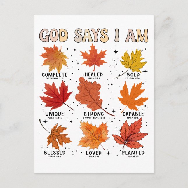God says I am fall harvest thanksgiving thankful Holiday Postcard (Front)