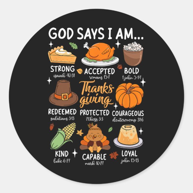 God Says I Am Thanksgiving Blessed Fall Leaves Chr Classic Round Sticker (Front)