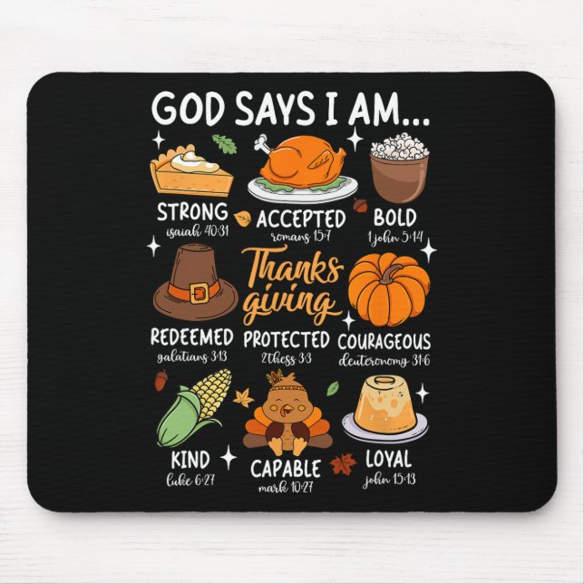 God Says I Am Thanksgiving Blessed Fall Leaves Chr Mouse Mat (Front)