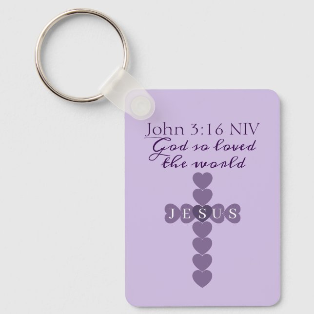 God So Loved the World Lavender Heart Cross Key Ring (Front)