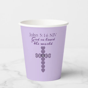 God So Loved the World Lavender Heart Cross Paper Cups