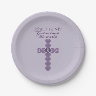 God So Loved the World Lavender Heart Cross Paper Plate