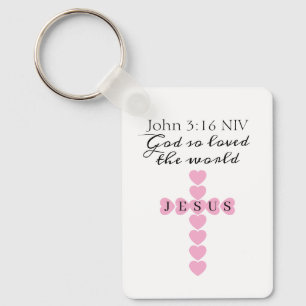 God So Loved the World Pink Heart Cross Key Ring