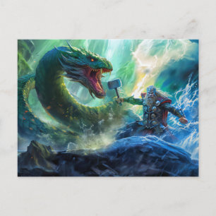 God Thor with Thorshammer fighting Midgards snake Postcard