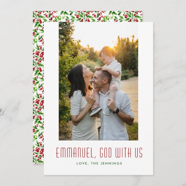 God With Us Red and Green Religious Photo Holiday Card (Front/Back)
