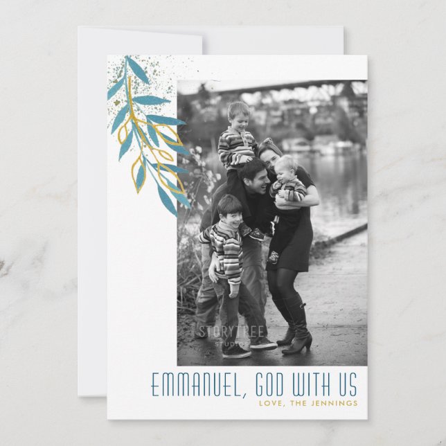 God With Us Teal & Gold Leaves Religious Photo Holiday Card (Front)