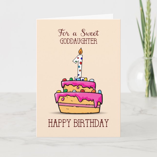 Goddaughter 1st Birthday, 1 on Sweet Pink Cake Card (Front)