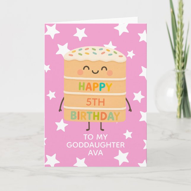 Goddaughter 5th Birthday Cute Cake Custom Pink Card (Front)