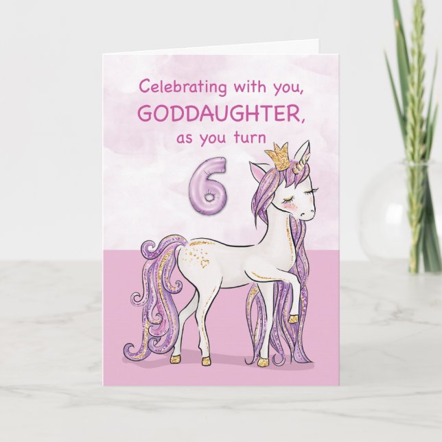 Goddaughter 6th Birthday Pink Horse With Crown Card (Front)