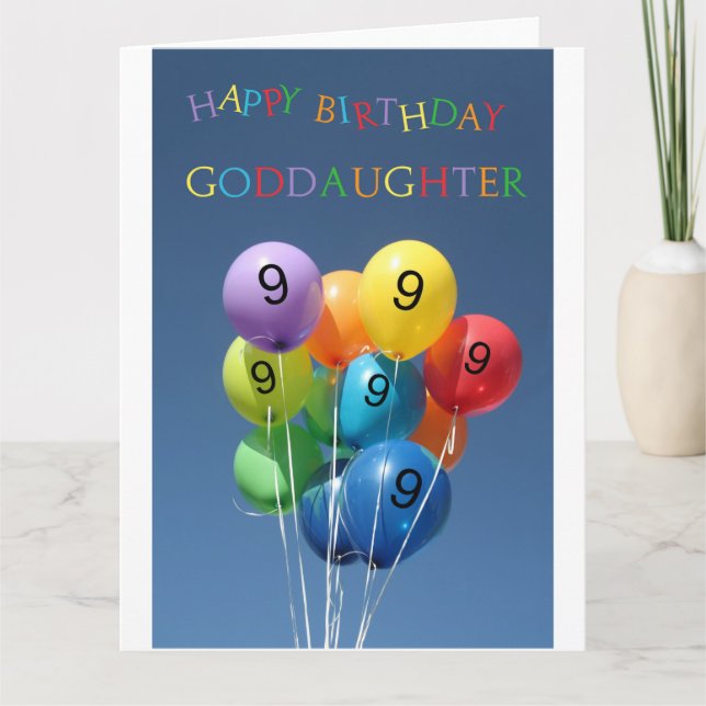 Goddaughter, 9th happy balloon birthday. card (Front)