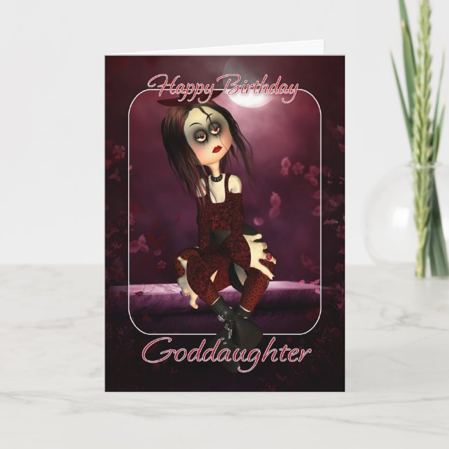Goddaughter Birthday Card - Moonies Rag Doll Goth (Front)