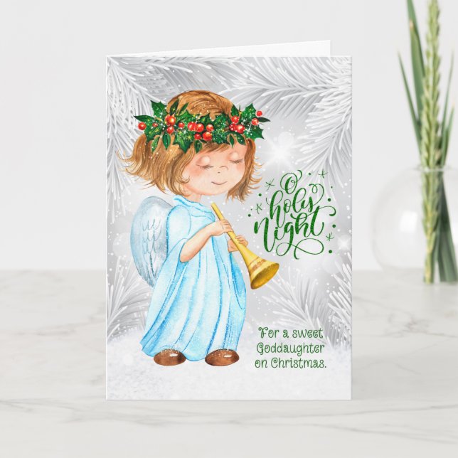 Goddaughter Christmas Angel Girl and Pines Holiday Card (Front)