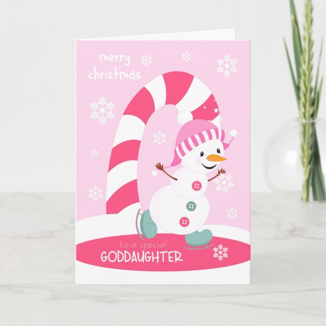 Goddaughter Christmas Ice Skating Snowman Holiday Card (Front)