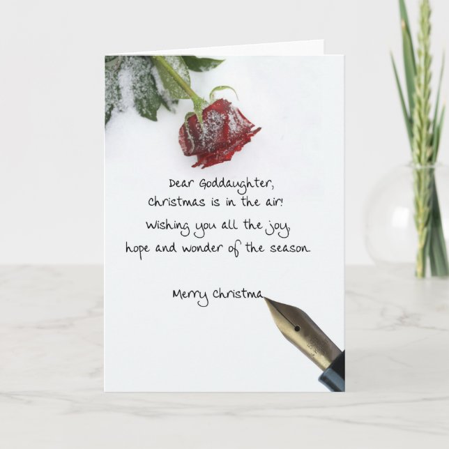 Goddaughter christmas letter on snow rose paper holiday card (Front)