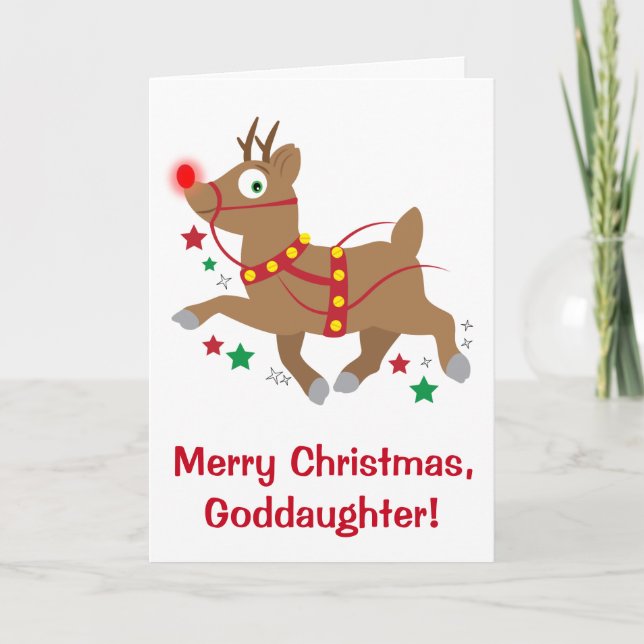 Goddaughter Christmas with Red-Nosed Reindeer Holiday Card (Front)