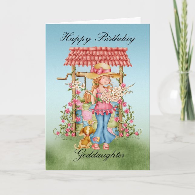 Goddaughter Cute Girl And Wishing Well Birthday Ca Card (Front)