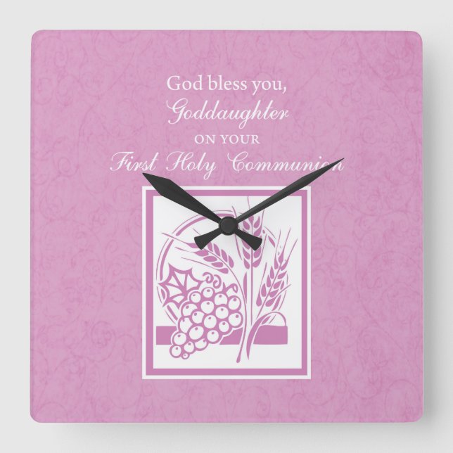 Goddaughter First Communion, Pink Square Wall Clock (Front)