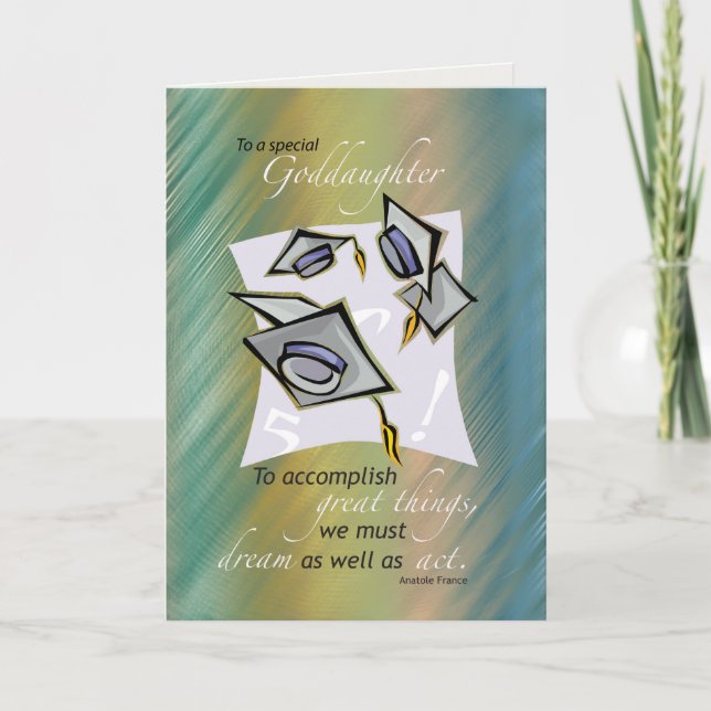 Goddaughter Graduation Hats in Air, Congratulation Card (Front)