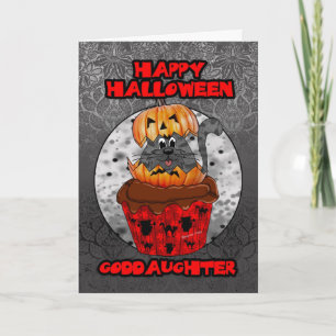 goddaughter halloween cupcake cat, grey tabby in a card