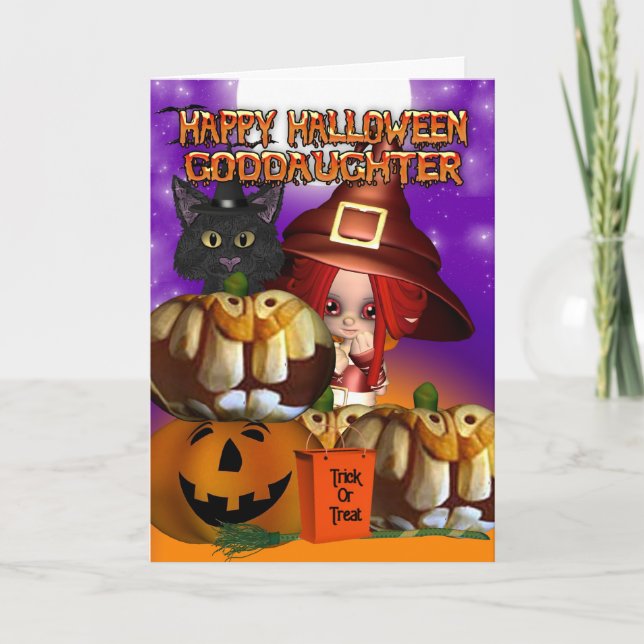 Goddaughter Halloween witch cat pumpkin jack o lan Card (Front)