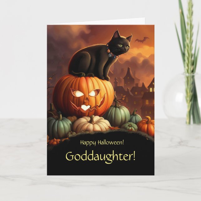 Goddaughter Halloween with Cat and Pumpkins  Card (Front)