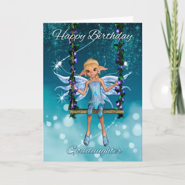 Goddaughter Happy Birthday cute fairy on swing Card (Front)