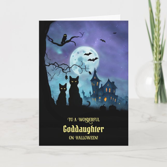 Goddaughter Happy Halloween Cute Black Cats Card (Front)