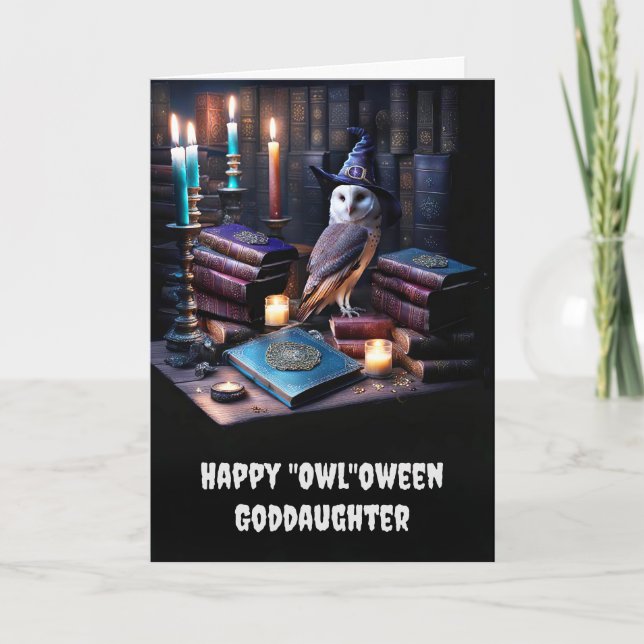 Goddaughter Happy Halloween with Owl Magical Books Card (Front)