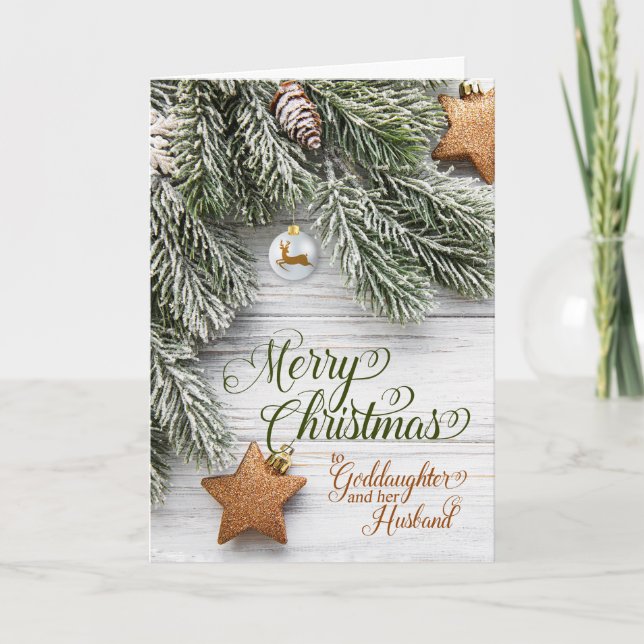 Goddaughter Husband Christmas Snowy Pine and Stars Holiday Card (Front)