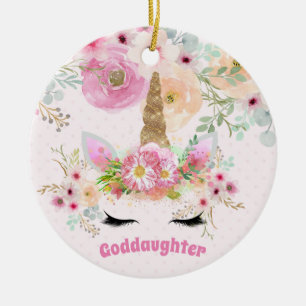 GODDAUGHTER Pink Gold Glitter Flowers Unicorn Face Ceramic Tree Decoration