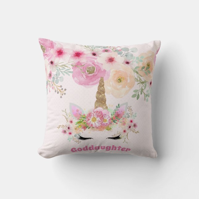 GODDAUGHTER Pink Gold Glitter Flowers Unicorn Face Cushion (Front)