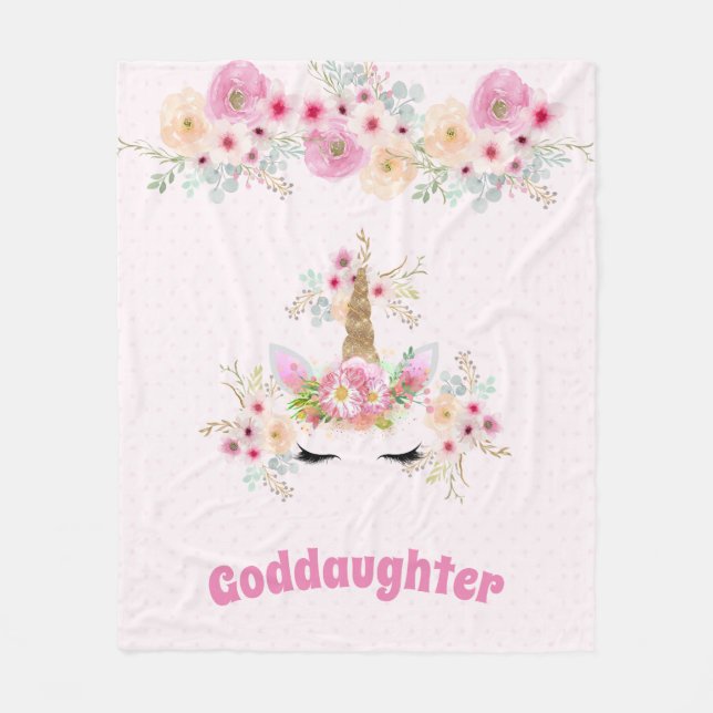 GODDAUGHTER Pink Gold Glitter Flowers Unicorn Face Fleece Blanket (Front)