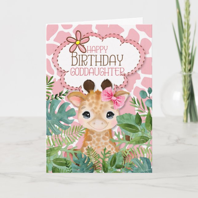 Goddaughter Pink Jungle Giraffe Themed Birthday Card (Front)