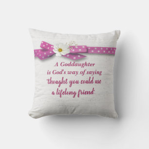 Goddaughter Quote with Polka Dot Ribbon On Wood Cushion