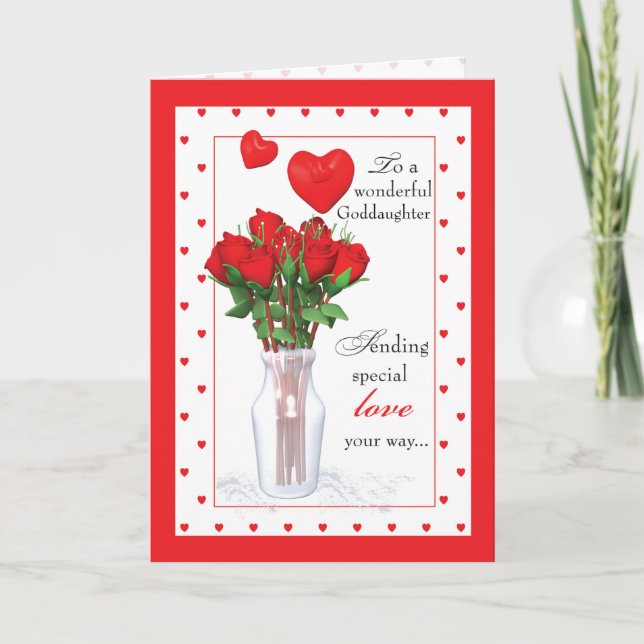 Goddaughter Valentine's Day Red Roses Hearts Holiday Card (Front)