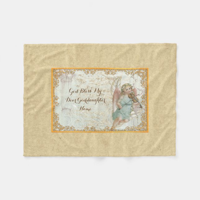 Goddaughter Vintage Art Angel Personalised Fleece Blanket (Front (Horizontal))