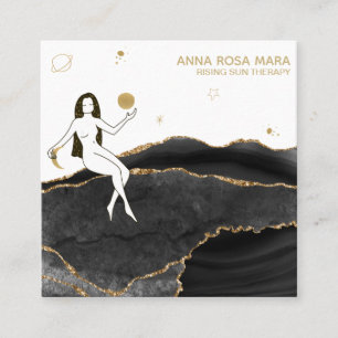 *~* Goddess Celestial Black Agate Gold Glitter Square Business Card