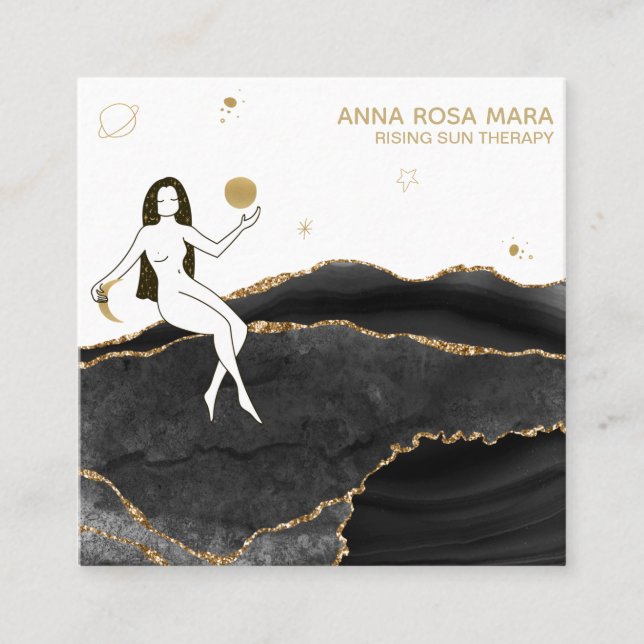 *~* Goddess Celestial Black Agate Gold Glitter Square Business Card (Front)