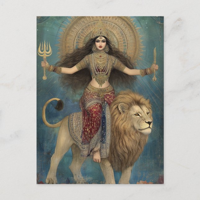 Goddess Durga riding Lion Turquoise Gold Art Postcard (Front)