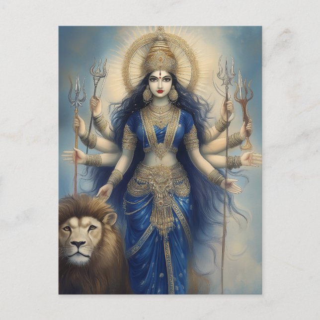 Goddess Durga with Lion Divine Hindu Portrait Post Postcard (Front)