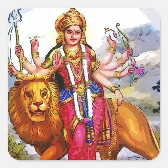 Goddess Durga with Lion Painting Square Sticker (Front)