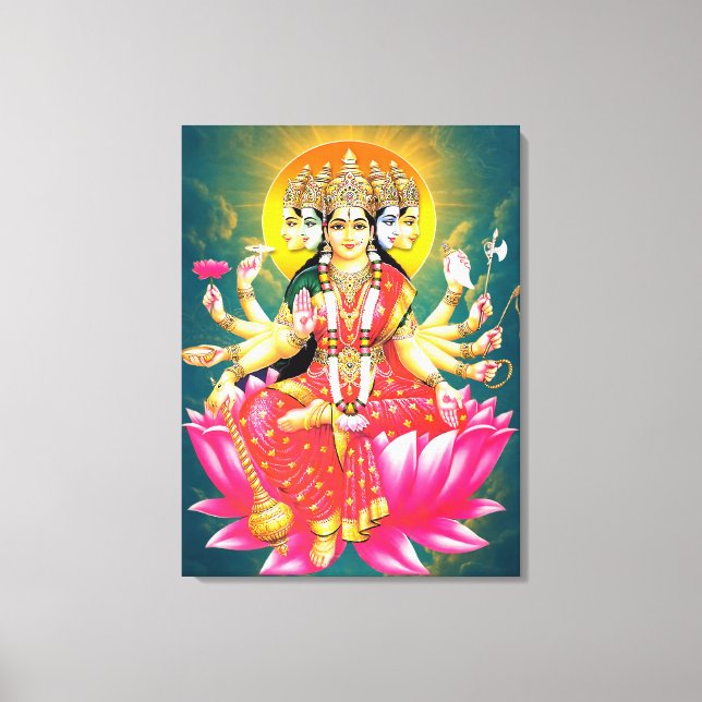 Goddess Gayatri Devi on Lotus Hindu Deity Canvas Print (Front)