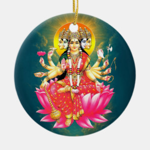 Goddess Gayatri Devi on Lotus Hindu Deity Ceramic Tree Decoration