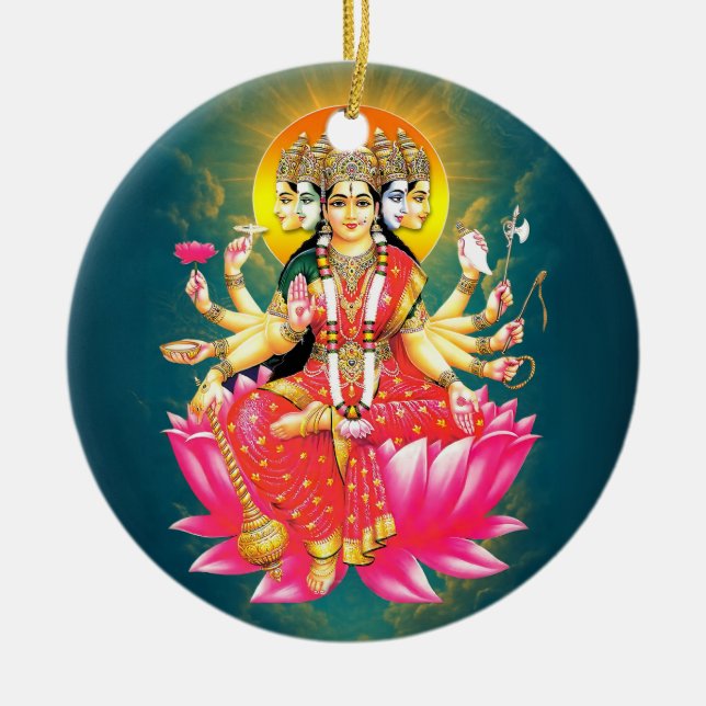 Goddess Gayatri Devi on Lotus Hindu Deity  Ceramic Tree Decoration (Front)